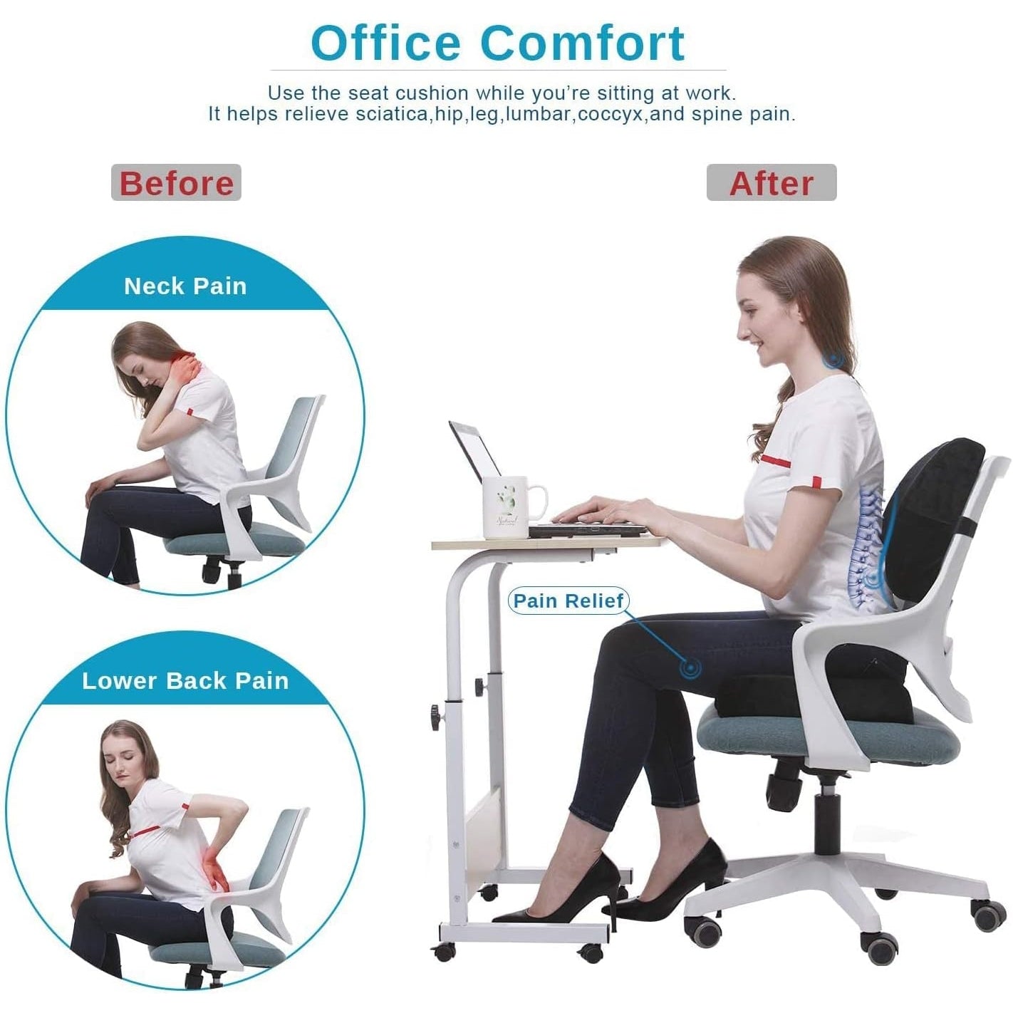 Back& Seat Cushions, Lumbar Support Pillow with Adjustable Strap-Chair, Cushions for Sciatica Pain Relief with Washable Cover, Orthopedic Seat Cushion and Lumbar Support Pillow for Office Chair - Medaid International