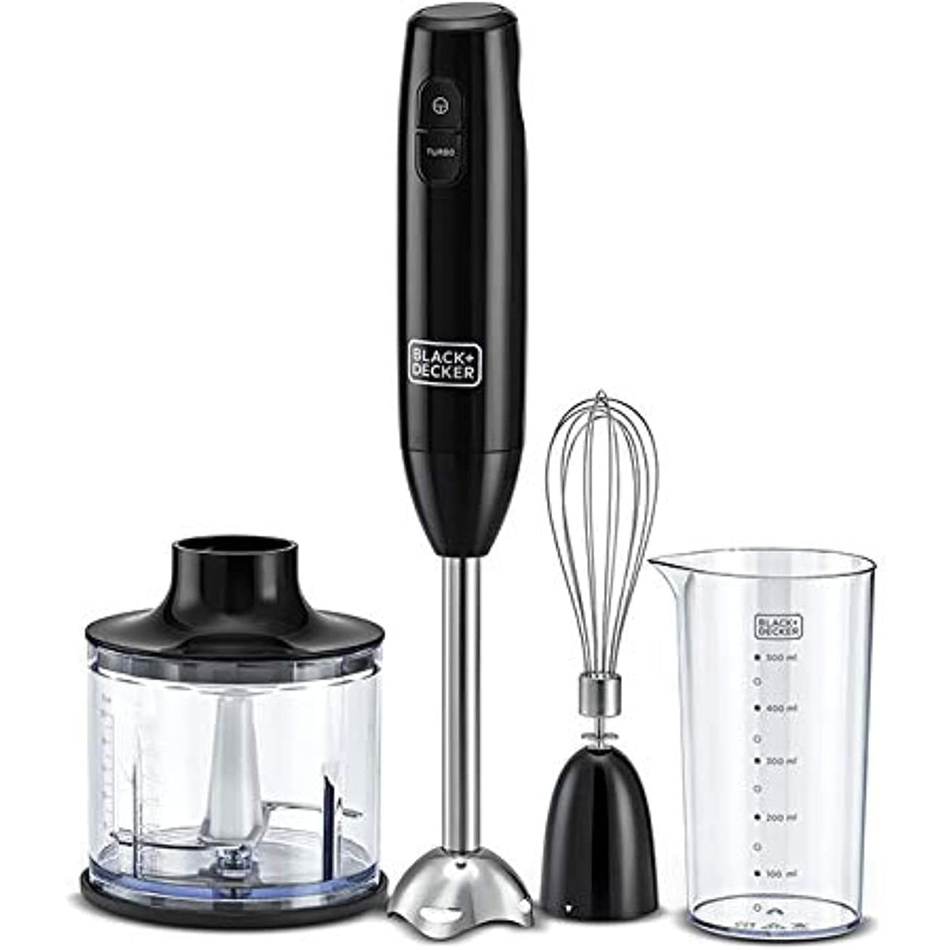 BLACK+DECKER 600W 600ml Hand Blender With Chopper Chopping Bowl, Stainless Steel Blades, 500ml Beaker, 2 Speed Buttons and 3in1 Functionality, For Blending/Chopping/Whisking HB600-B5 - Medaid