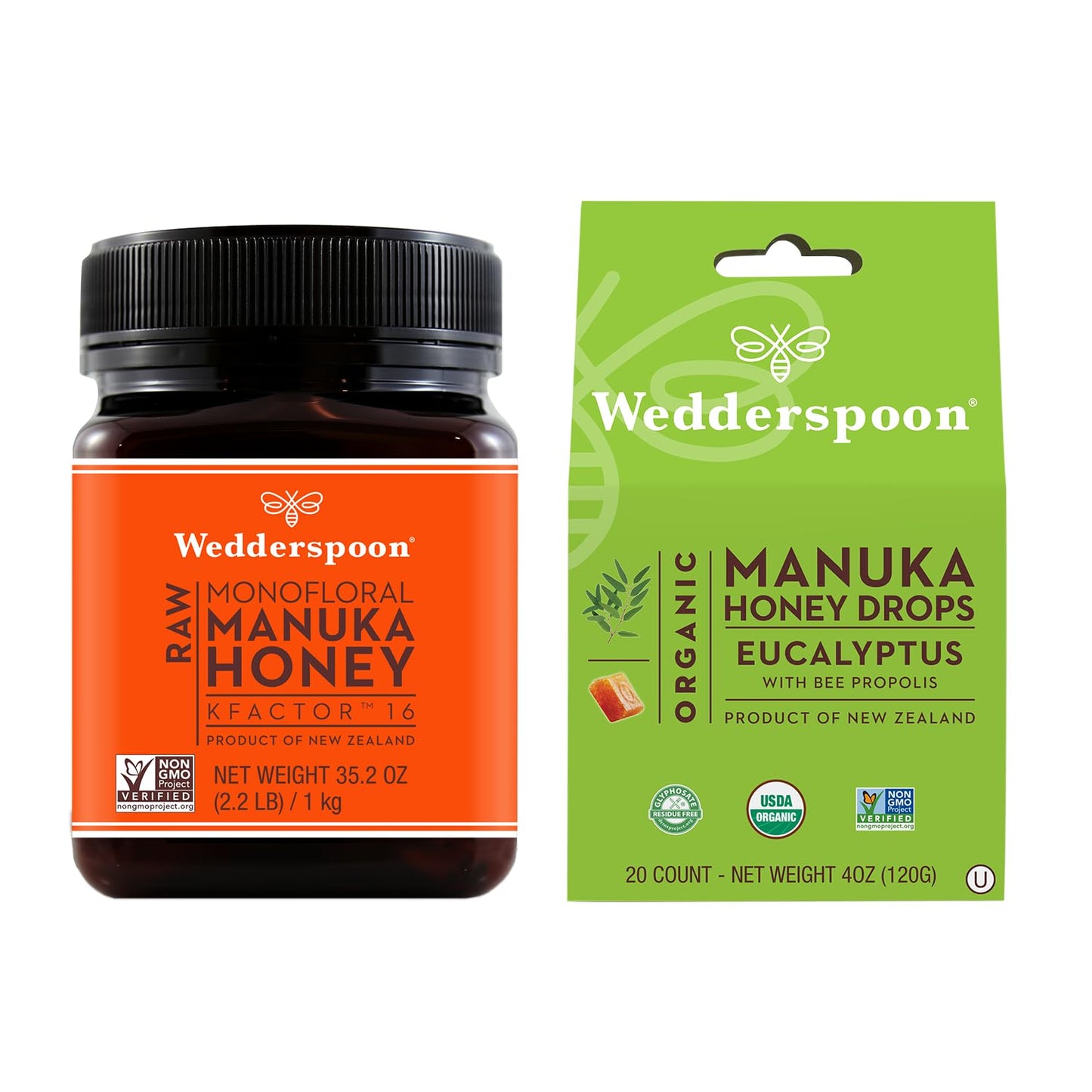 Bundle - Wedderspoon Raw Premium Manuka Honey KFactor 16 (35.2 Oz) and Manuka Honey Drops Eucalyptus & Bee Propolis (4 Oz) - Medaid International