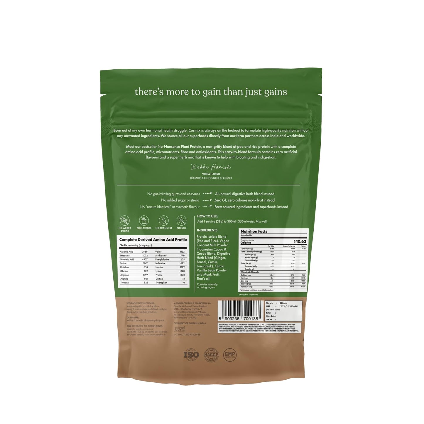cosmix No Nonsense Plant Protein, Organic Brown Rice & Pea Isolate, Easy Digestion, 24G Protein/Serving, Gluten & Lactose Free Real Indonesian Cacao 500 G (Pack of 1) - Medaid International