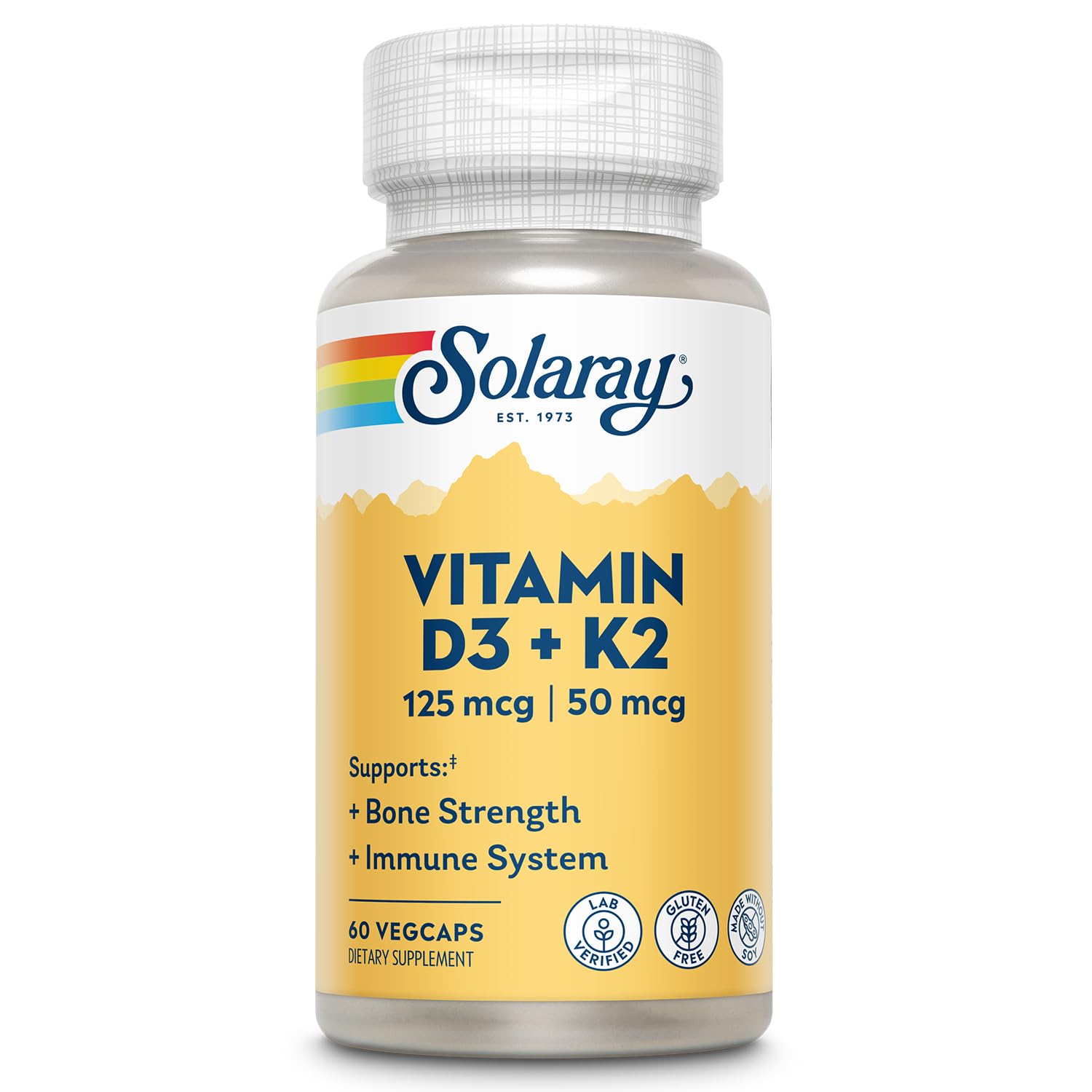 SOLARAY Vitamin D3 K2 - Bone Health and Immune Support Supplement - with 5000 IU Vitamin D as VIT D3 and 50 mcg Vitamin K2 as Menoquinone MK7, Made Without Soy, 60-Day Guarantee, 60 Serv, 60 VegCaps - Medaid International