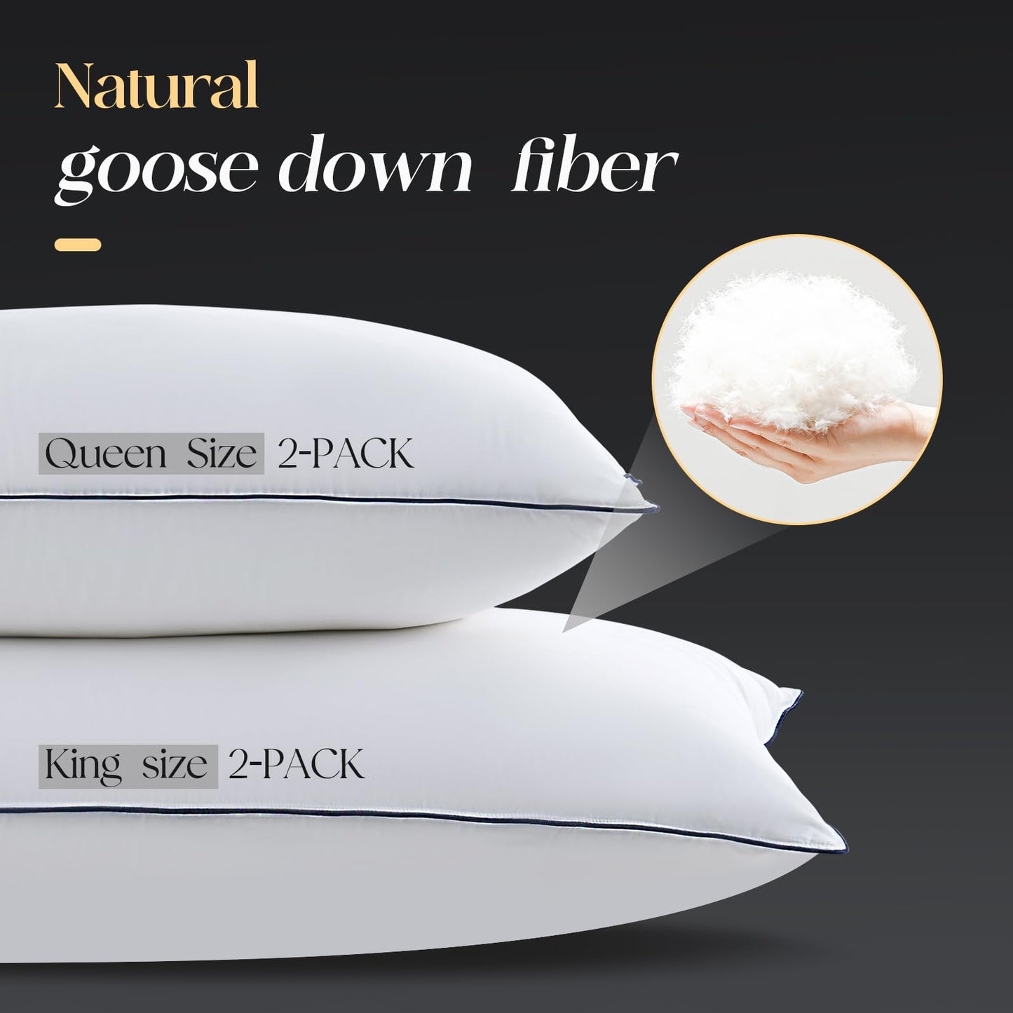 Yalamila Luxurious Goose Down Bed Pillows King Size Set of 2, Hotel Collection Pillows Designed for Deep Sleep, Soft and Supportive Filling for Side, Back Sleepers 20" x 36" - Medaid International