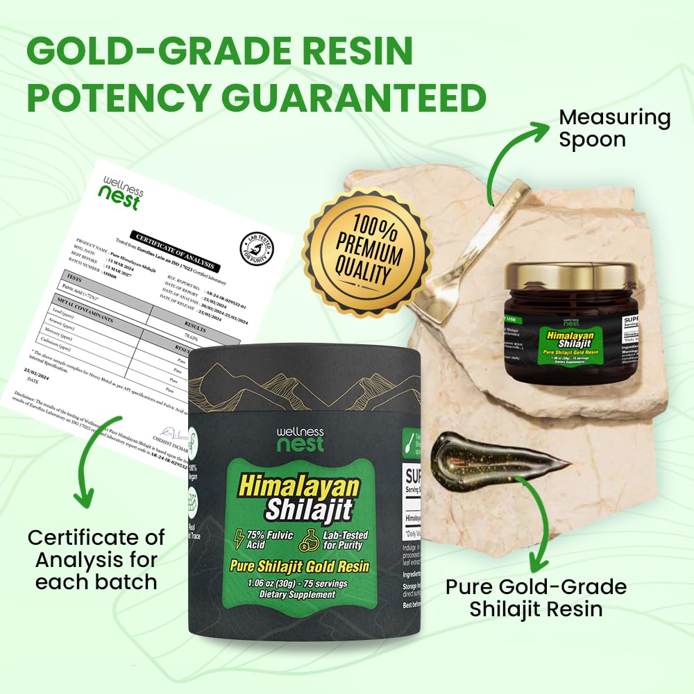 Wellness Nest Gold Grade Pure Himalayan Shilajit Resin: Ultimate Potency for Men & Women - 24k Gold, 75%+ Fulvic Acid, Lab Test Report Included - 30g (1 Pack), 75 Servings - Medaid International