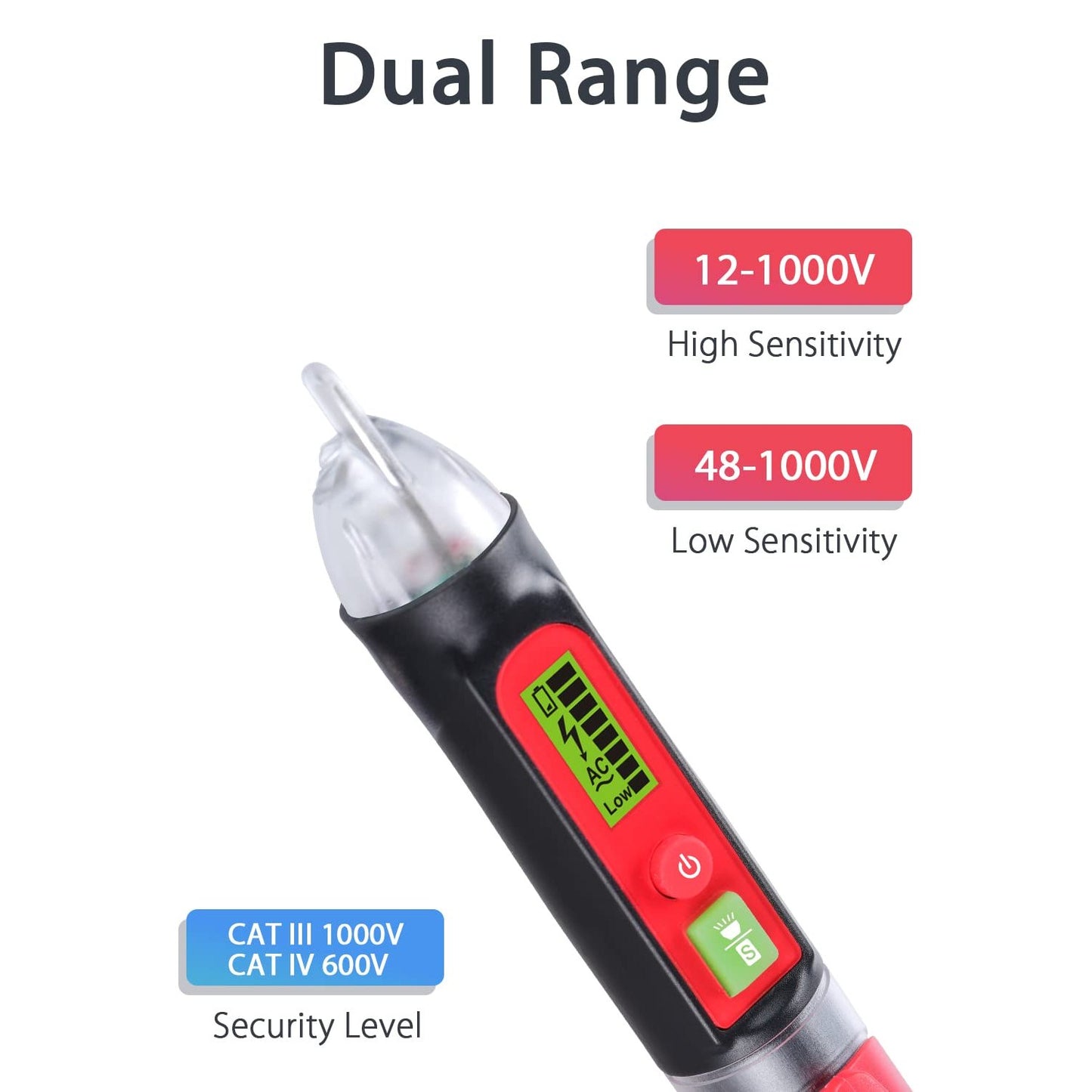 Wintact Non-Contact AC Voltage Detector Pen, 12V-1000V/48V-1000V Dual Range, High/Low Adjustable Sensitive, Live/Null Wire Breakpoint Tester with Flashlight, LCD Flashing Audible Buzzer Alarm - Medaid International