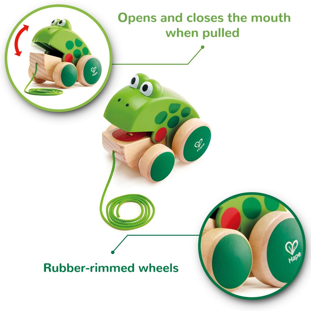 Hape Frog Pull-Along | Wooden Frog Fly Eating Pull Toddler Toy, Bright Colors - Medaid International