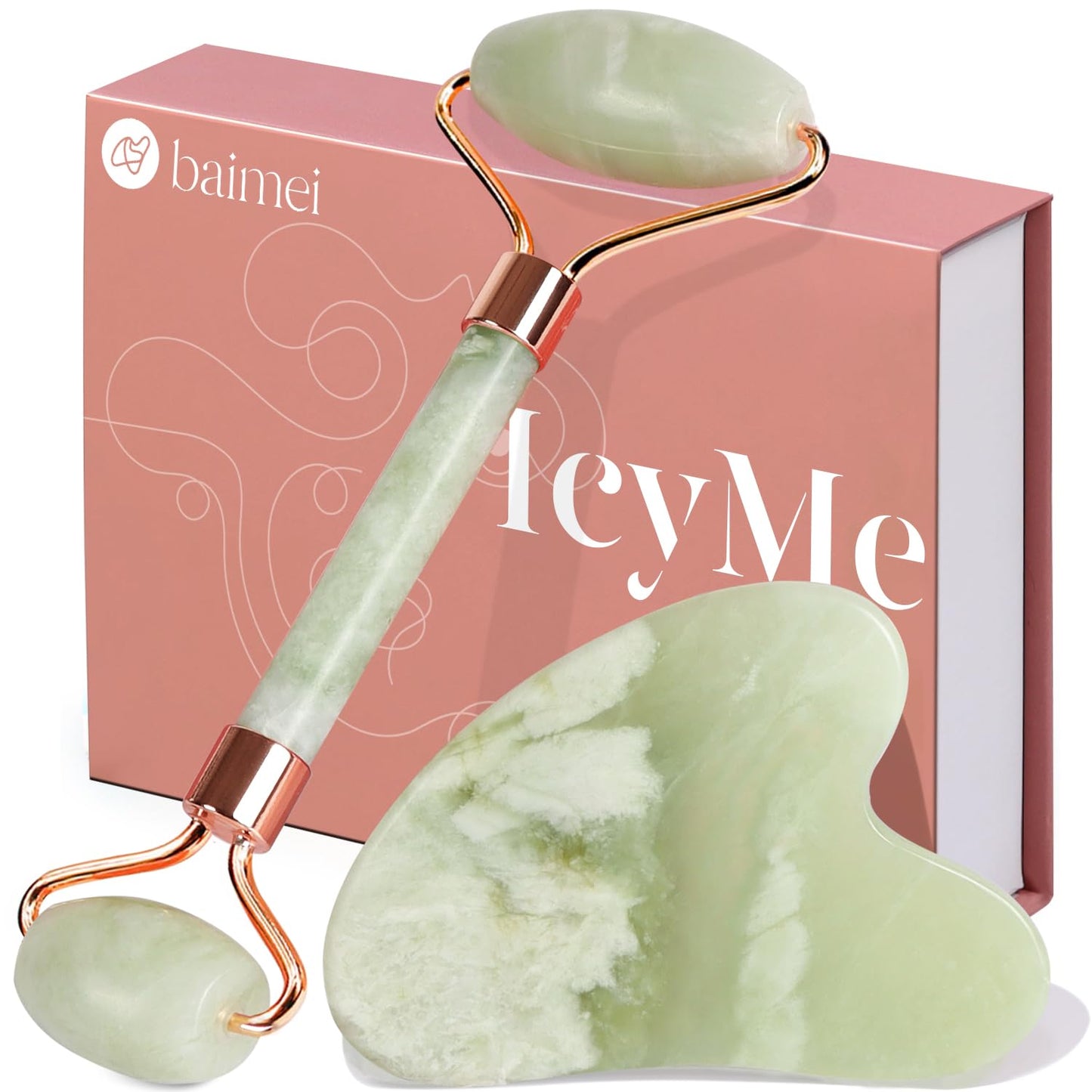 BAIMEI IcyMe Gua Sha & Jade Roller Facial Tools Face Roller and Gua Sha Set for Puffiness and Redness Reducing Skin Care Routine, Self Care Gift for Men Women - Green - Medaid International