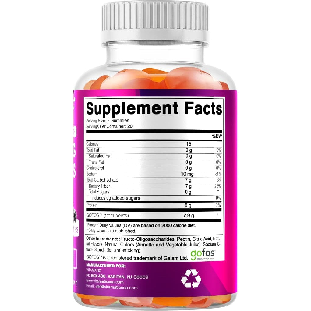 Vitamatic Prebiotic Fiber Gummies for Adults – 7g Fiber per Serving – 60 Pectin-Based Gummies Extra Strength, Zero Sugar Added – Supports Digestive Health & Regularity – Non-GMO, Vegan, Gluten-Free - Medaid International