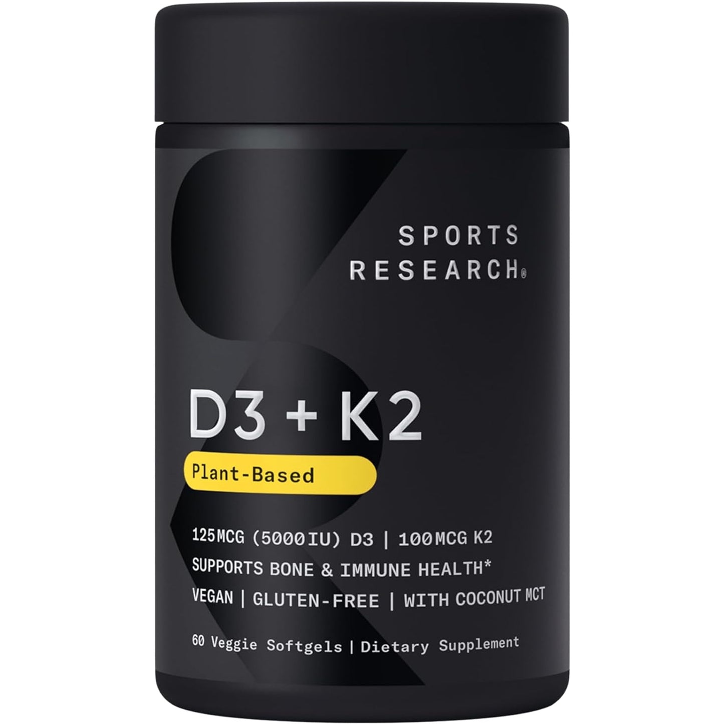 Sports Research Vitamin D3 K2 with Coconut Oil | Plant Based Vitamin K2 MK7 + Vegan D3 5000iu | Vegan Certified, Soy & Gluten Free - 60 Count Softgels - Medaid International