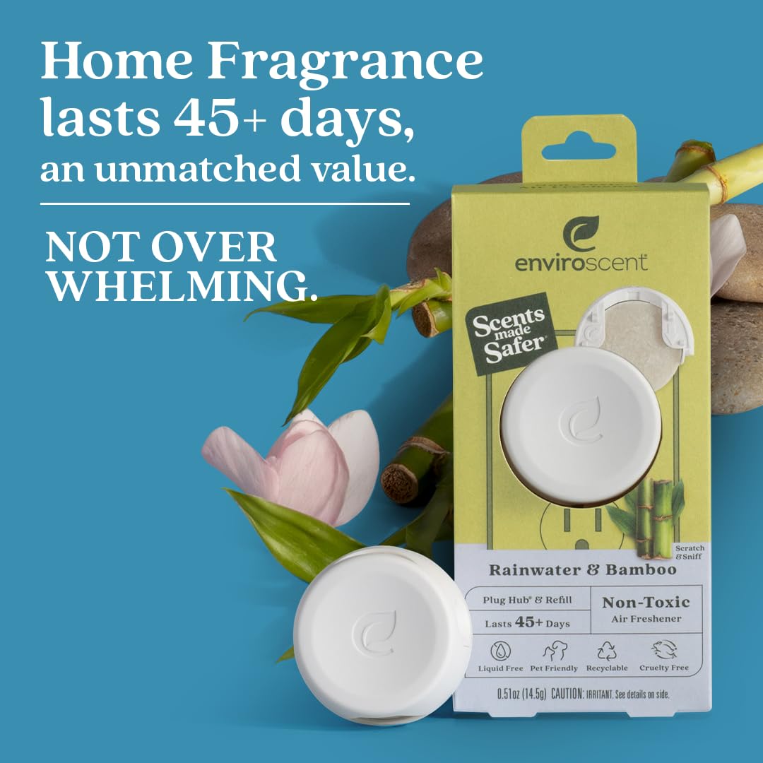 Enviroscent Non Toxic Air Freshener Plug-in Home Fragrance Last 45+ Days | Kit includes 1 Refillable Plug In Warmer & 1 Scent Refill (Rainwater & Bamboo) - Medaid International