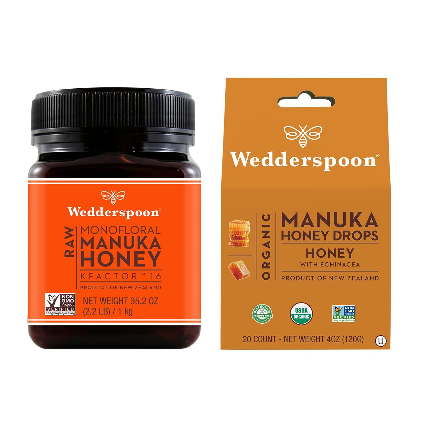 Bundle - Wedderspoon Raw Premium Manuka Honey KFactor 16 (35.2 Oz) and Manuka Honey Drops Honey & Echinacea (4 Oz) - Medaid International