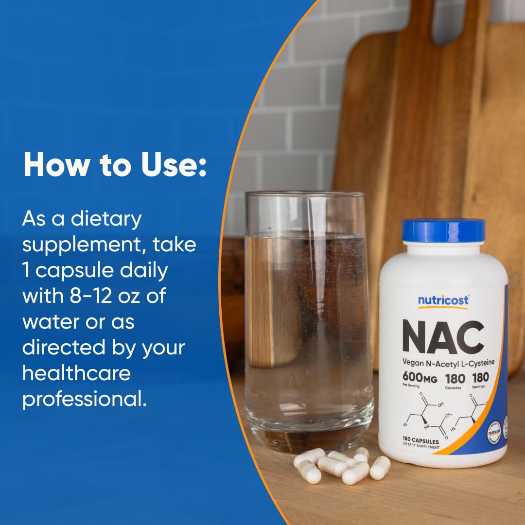 Nutricost N-Acetyl L-Cysteine (NAC) 600mg, 180 Capsules - Non-GMO, Gluten Free - Medaid International