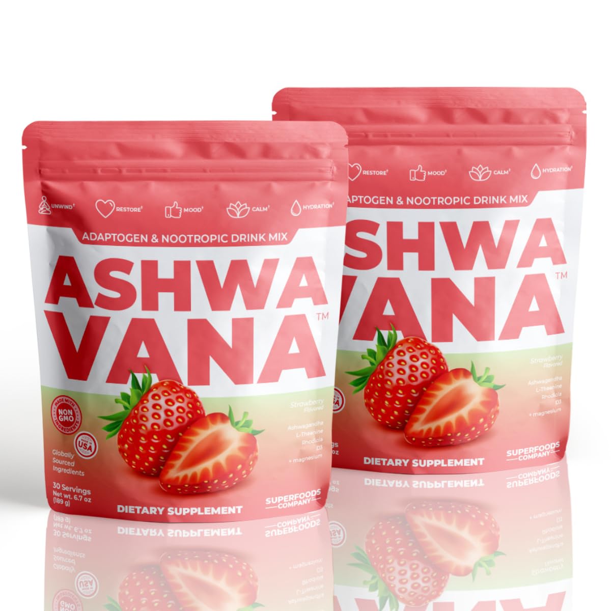 ASHWAVANA Zen Relax Drink Mix - Nootropic, Adaptogen-Infused Ashwagandha Beverage - Rhodiola, Magnesium, L-Theanine - Restore & Unwind - Alcohol Alternative - Strawberry Flavor - 60 Count (Pack of 2) - Medaid