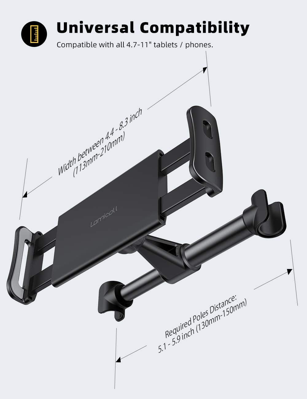 Lamicall Car Headrest Mount, Tablet Headrest Holder - Stand Cradle Compatible with iPad Pro Air Mini, Galaxy Tabs, Other 4.7-10.5" Cellphones and Tablets - Black - Medaid International