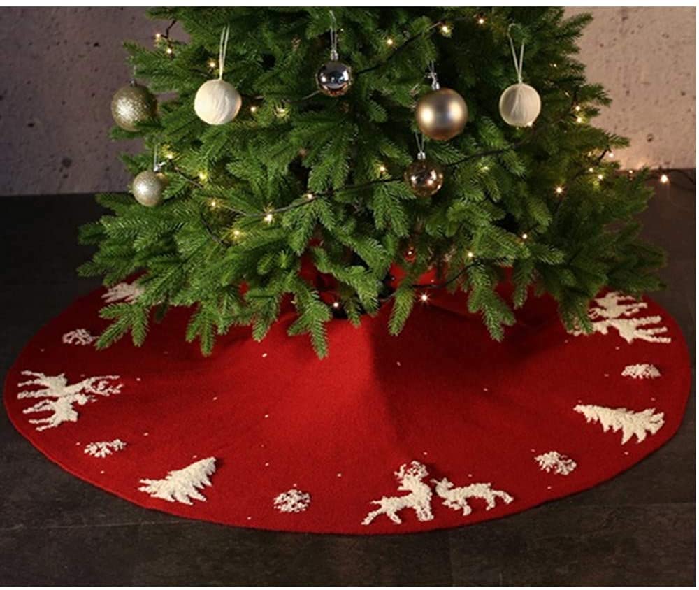 Dremisland Christmas Tree Skirt, Cable Knit Knitted Thick Rustic Tree Skirt for Xmas Holiday Decoration- 3D Elk and Christmas Tree (36in, Red) - Medaid International