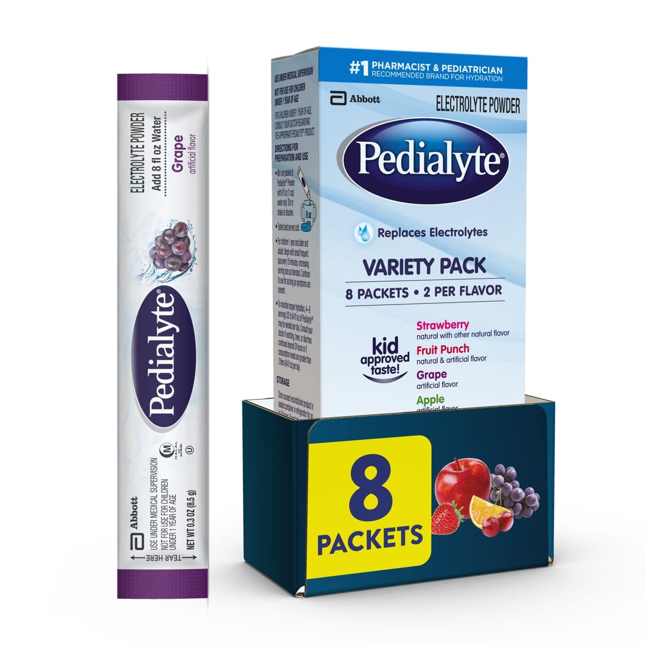 Pedialyte Electrolyte Powder Packets, Variety Pack, Hydration Drink, 8 Single-Serving Powder Packets - 8.5G each - Medaid