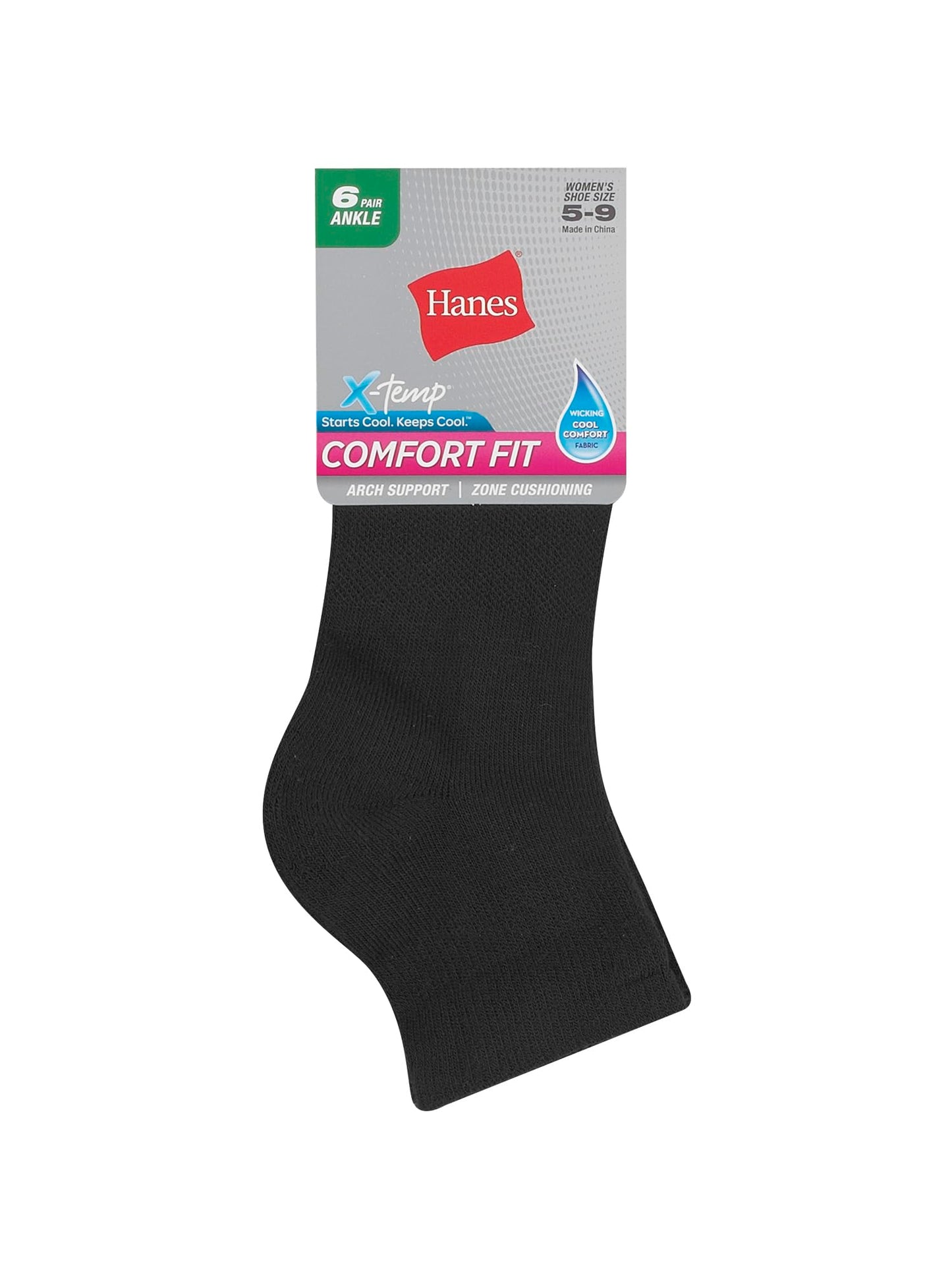 Hanes womens 6-pair Comfort Fit Ankle athletic socks, Black, 5-9 US - Medaid International
