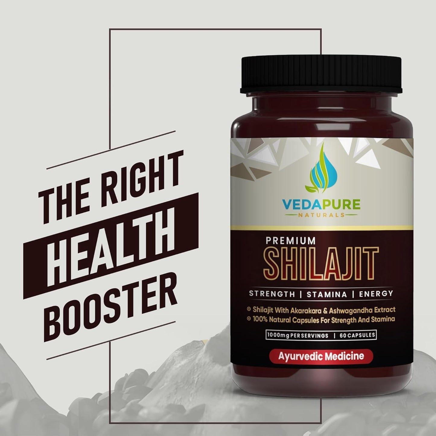 Vedapure Natural Shilajit/Shilajeet with Safed Musli & Ashwagandha Extracts - 1000mg 60 Capsules - Medaid International