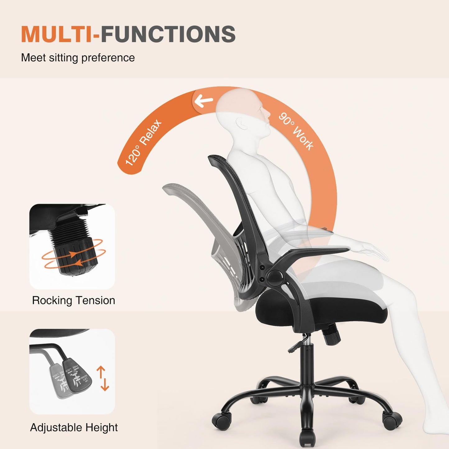 Sweetcrispy Office Computer Desk Chair, Ergonomic Mid-Back Mesh Rolling Work Swivel Task Chairs with Wheels, Comfortable Lumbar Support, Comfy Flip-up Arms for Home, Bedroom, Study, Student, Black - Medaid International