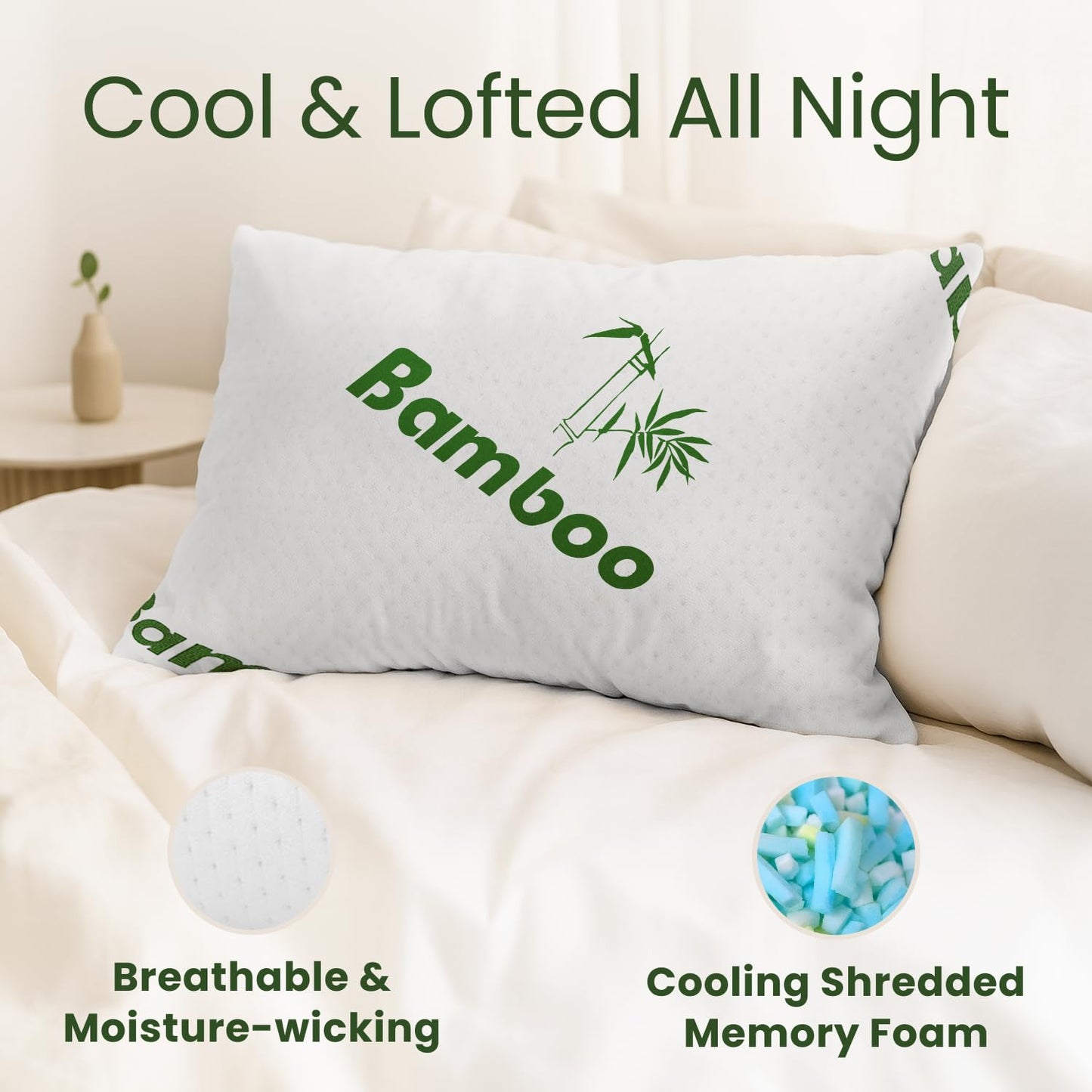 Memory Foam Pillows Queen Size Set of 2 - Cooling Bed Pillows for Sleeping - Back, Stomach, Side Sleeper Firm, Comfy Cool Shredded - 2 Pack, Rayon Derived from Bamboo - Medaid International