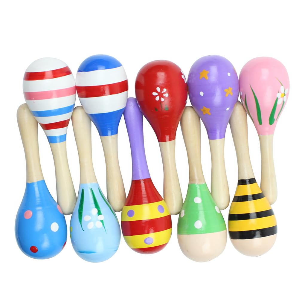 Deermon Lovely 10 Pack Kids Colorful Mini Wooden Maracas, Festival Rattles Egg Shaker Noisemaker Party Favors, Baby Shaker Sand Hammer Mexican Theme Birthday Musical Instruments Hand Percussion Toy - Medaid International