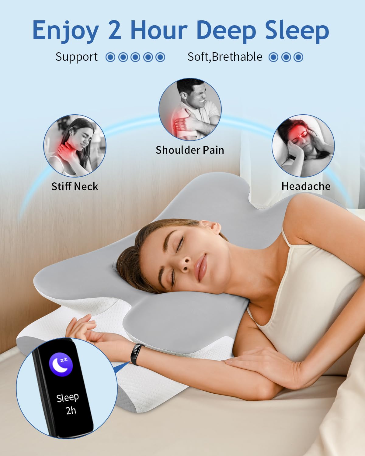 Tujami Cervical Neck Pillow for Neck Shoulder Pain Relief, Soft Contour Side Sleeper Pillow of 2 Heights, Odorless Q-max Cooling Memory Foam Orthopedic Bed Pillow for Back Stomach Sleeper - Medaid International