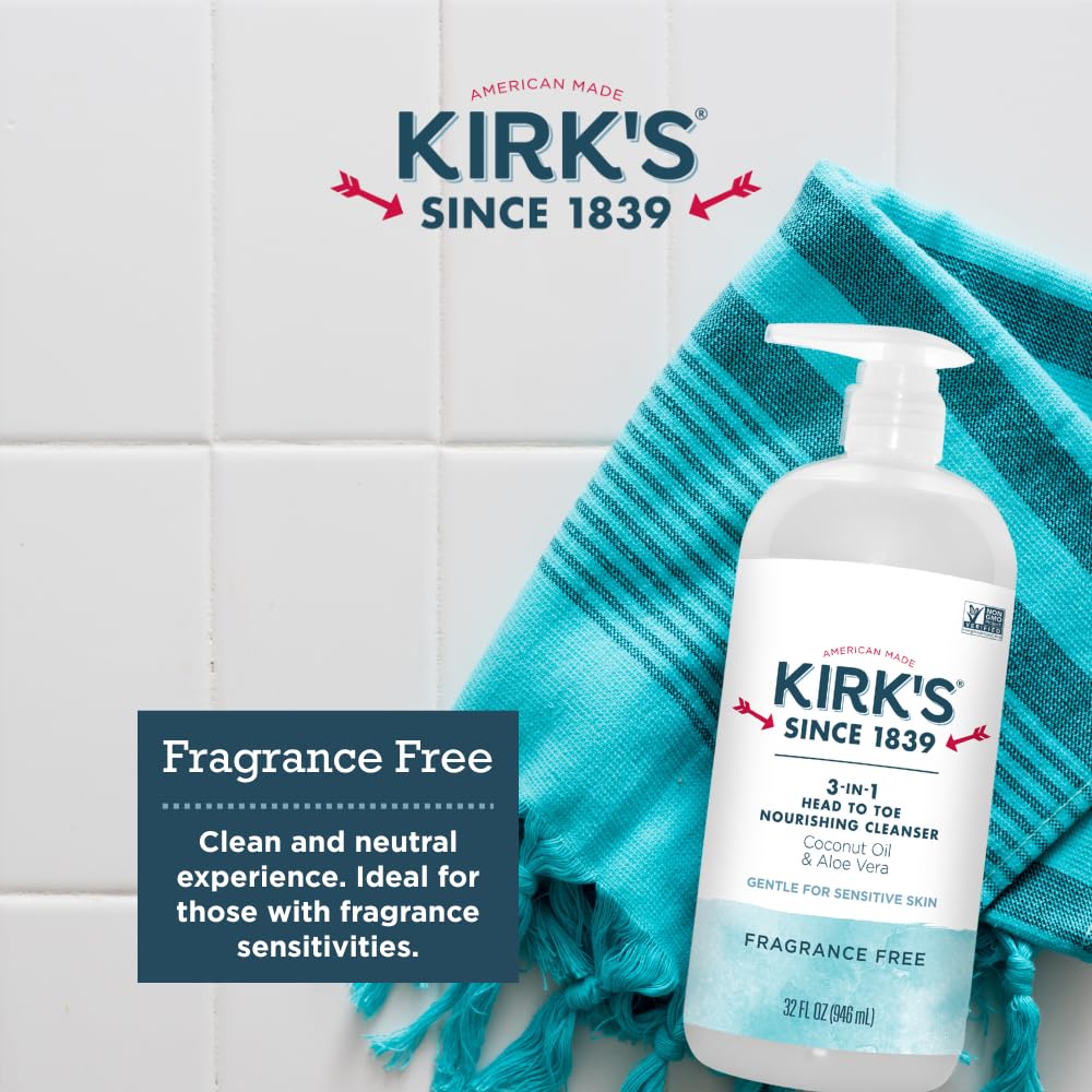 Kirk's 3-in-1 Head to Toe Nourishing Liquid Cleanser- for Men, Women & Children - Premium Coconut Oil & Aloe Vera- Non GMO & Vegan -Fragrance Free - 32 Fl Oz. - Medaid International