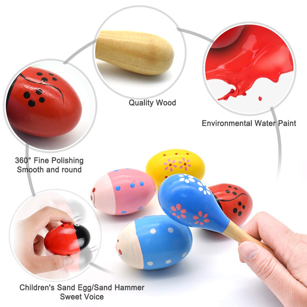 Wooden Easter Eggs Shakers Toys, Maracas Kids Hand Percussion Shakers Percussion Musical for Party Favors Kids Easter Basket Stuffers, 4 Pack Easter Eggs with 2 Shaker Sand Hammer Kit - Medaid International