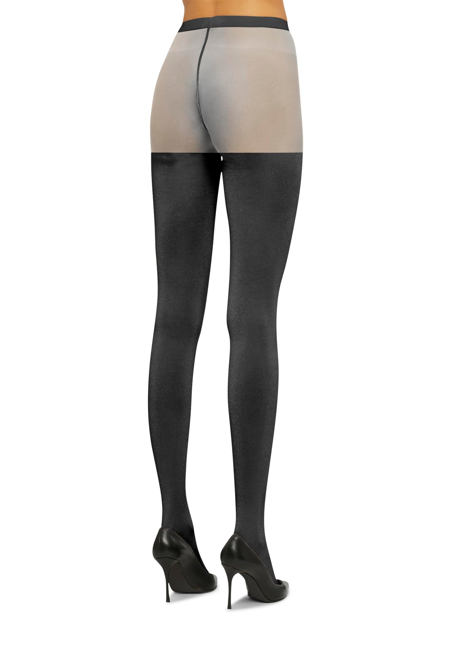 Wolford Shiny Sheer Tights for Women Sensual Stay-Up Effect Opaque Shiny Foil Yarn Signature Circular Knit Soft Waistband, Pewter Grey-Black, Small - Medaid International