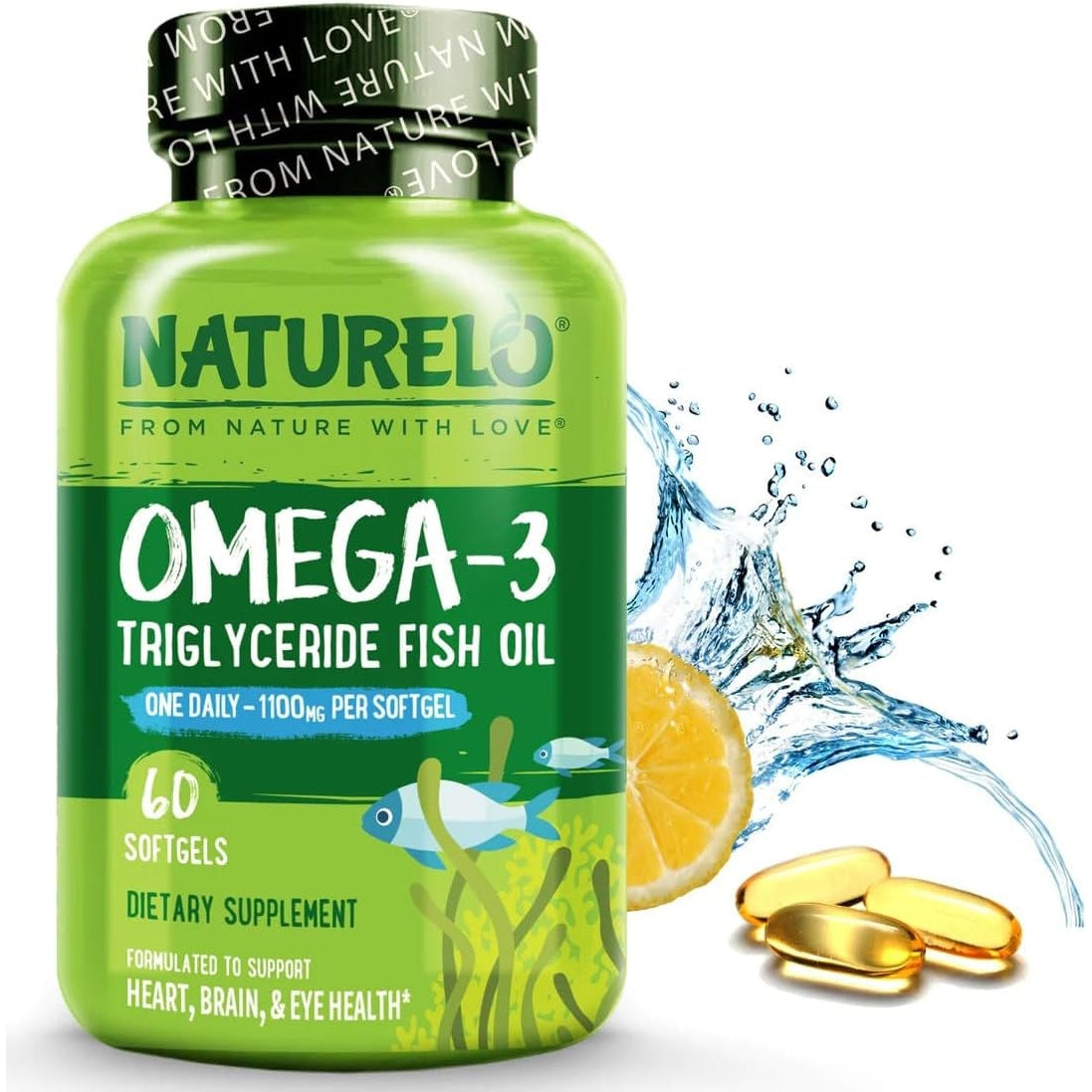 NATURELO Burpless Omega 3 Fish Oil Supplement - 1100mg Triglyceride Omega-3, EPA + DHA, Liquid Fish Oil Omega 3 for Heart, Eye, Brain, Joint Health - 60 Softgels, 2 Months Supply - Medaid