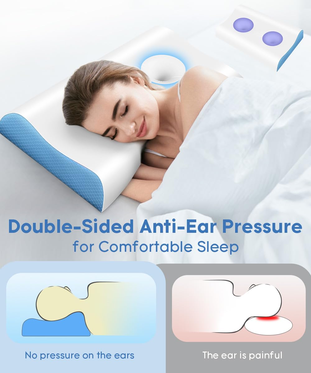Cervical Pillow for Neck Pain Relief - Contour Pillow Memory Foam Pillows for Sleeping, Double Ear Relief Zones Neck Pillow, 6CM Enhanced Neck Support Cooling Bed Pillow for All Sleep Positions - Medaid International