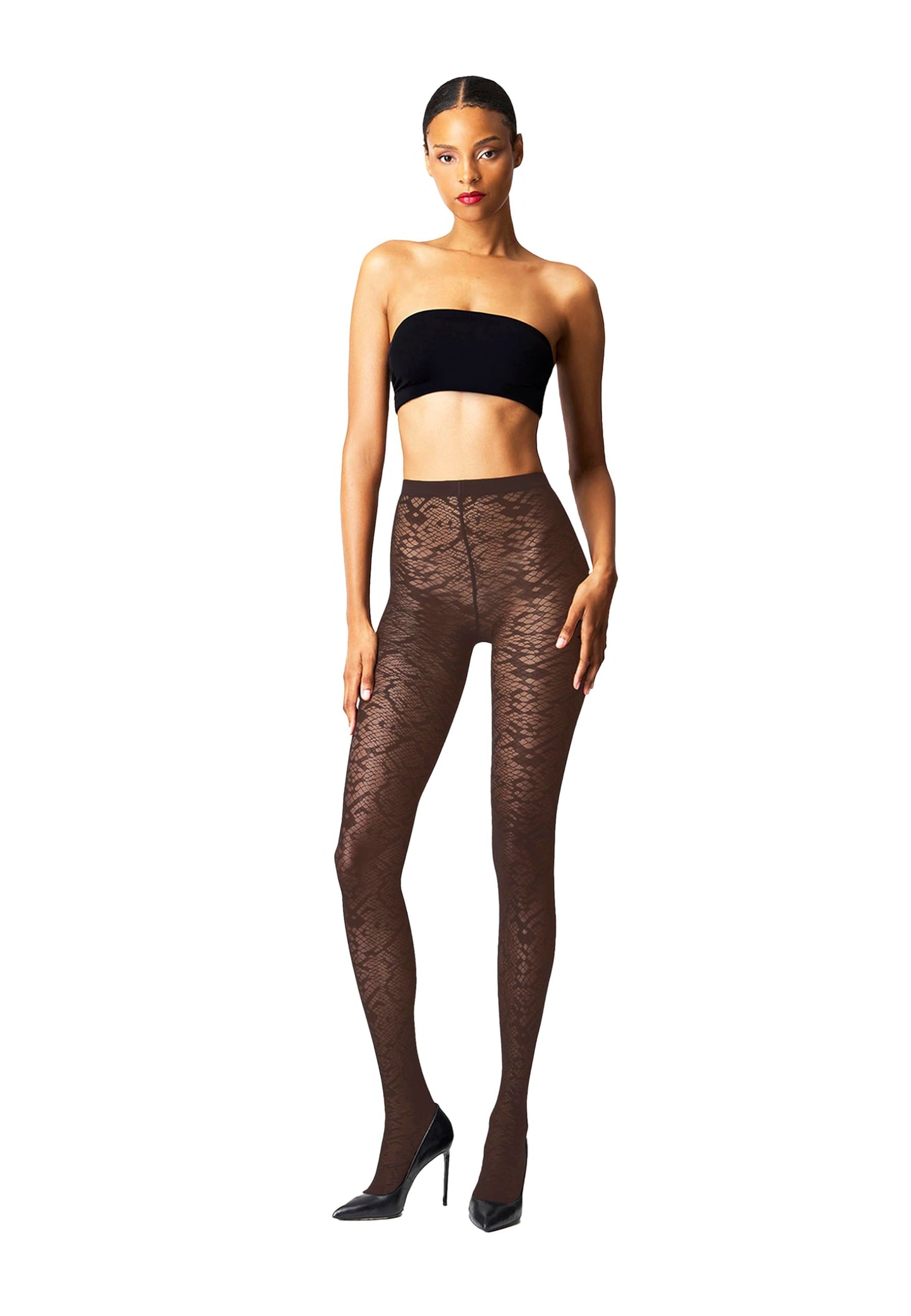 Wolford Snake Jacquard Tights For Women 30 Denier Matte Snakeskin Patterned with Soft Knitted Waistband Circular Knit Design umber Brown Medium - Medaid International