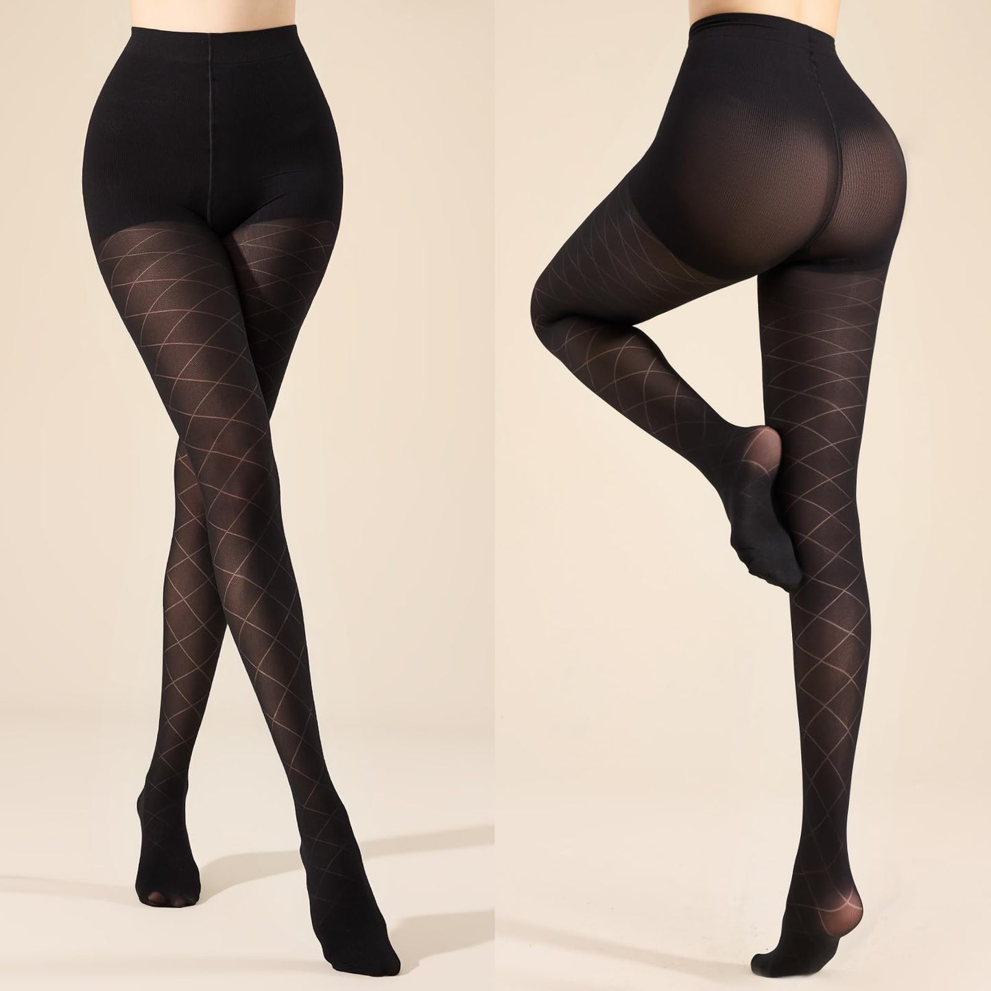 MANZI Diamond Patterned Control Top Tights Checkered Tummy Control Pantyhose 50 Denier Black Small-Medium - Medaid International