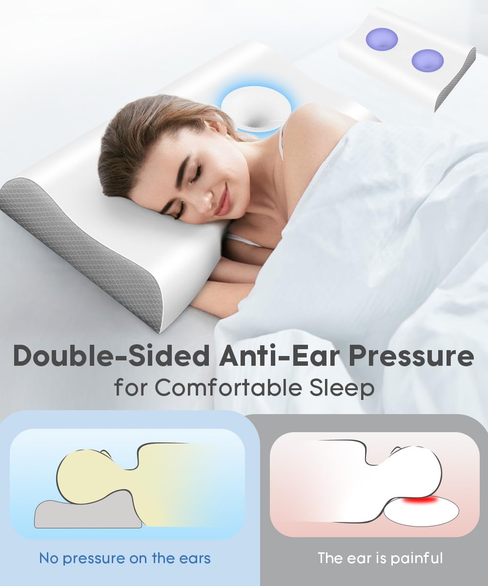 Cervical Pillow for Neck Pain Relief - Contour Pillow Memory Foam Pillows for Sleeping, Double Ear Relief Zones Neck Pillow, 6CM Enhanced Neck Support Cooling Bed Pillow for All Sleep Positions - Medaid International