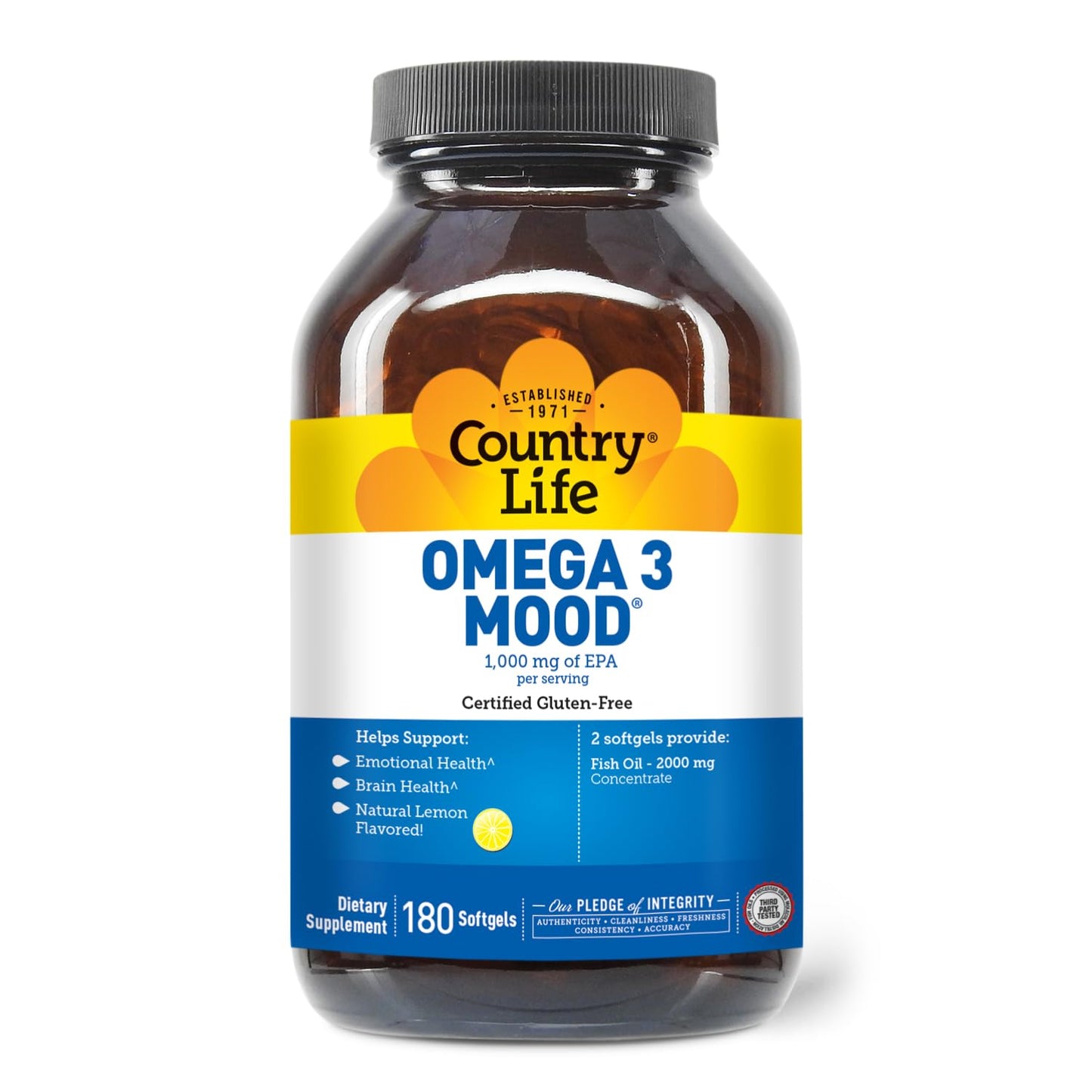 Country Life Omega 3 Fish Oil Supplement - High Concentration EPA and DHA Omega 3 Fatty Acids - 2000mg Fish Oil for Emotional Health, Mood Support, and No Fish Taste - Natural Lemon Flavor - Medaid International