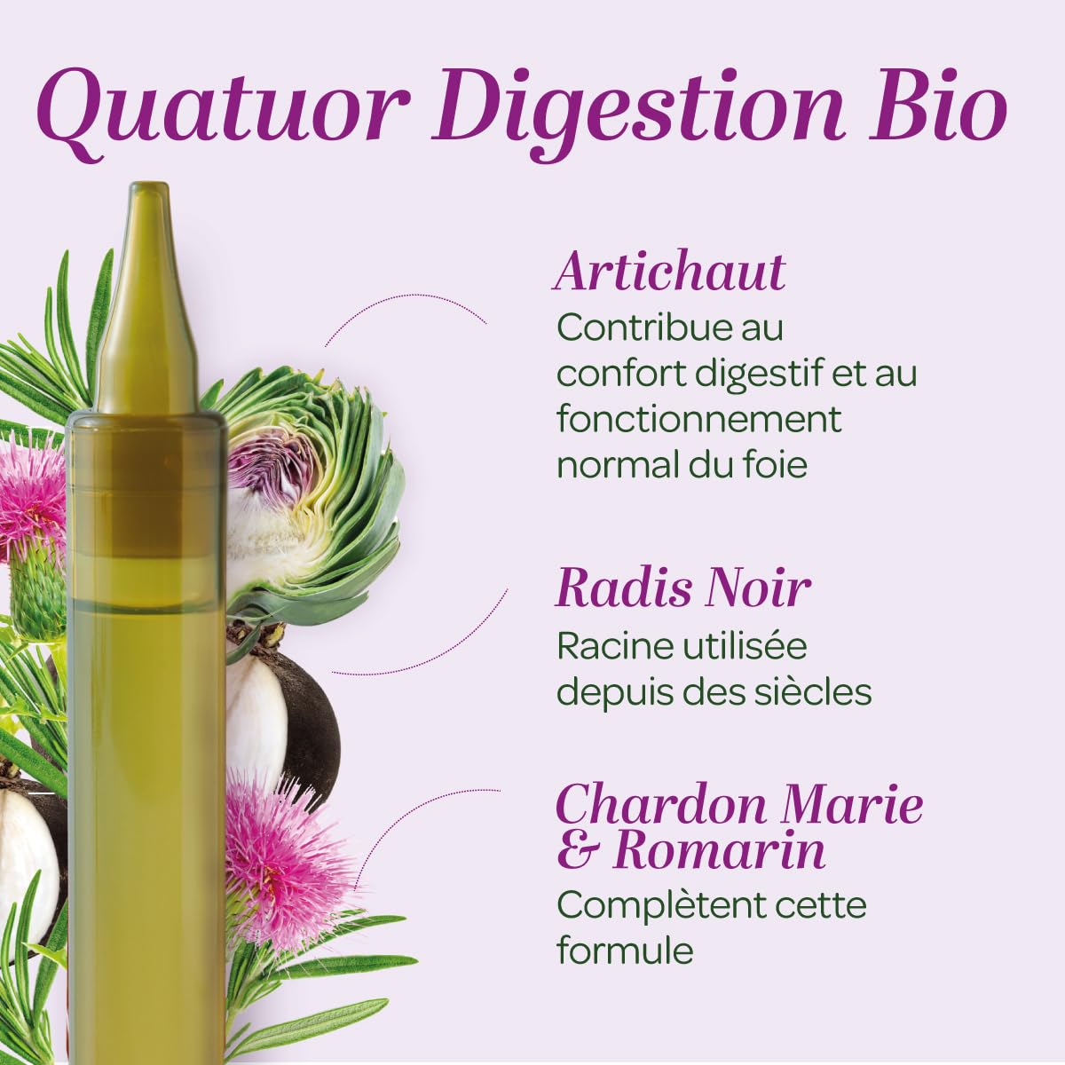 SUPERDIET-QUATUOR DIGESTION BIO-Bien-être du foie-Radis Noir Artichaut Chardon Marie Romarin-Format nomade- 20 Unidoses de 15 ml - Medaid International