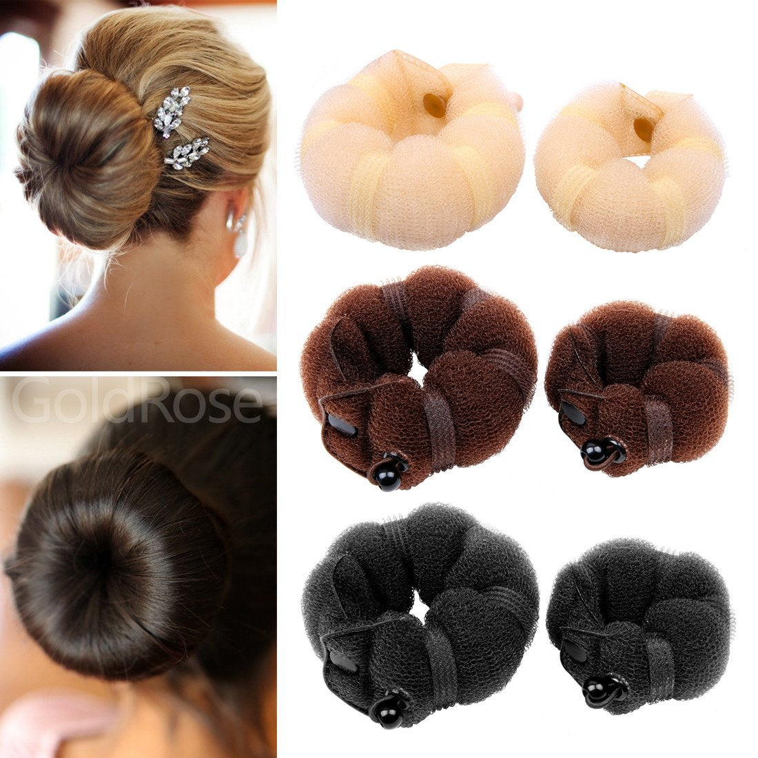 Goldrose Beauty Hair Styling Accessory - 2 Pieces Doughnut Hair Bun Maker and Curler in Small & Large (Black) - Medaid International