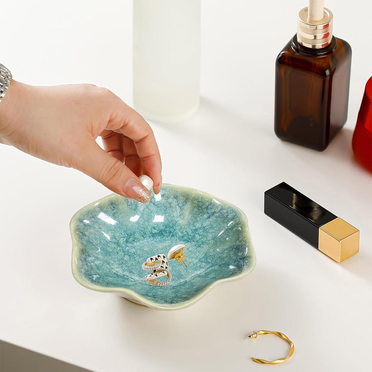 Ceramic Jewelry Dish,Leaf Jewelry Tray Key Tray,Jewelry Holder,Small Ring Dish Holder Jewelry Plate Trinket Dish Catchall Tray Nightstand Decor For Entryway Table Green Room Decor(Crystal Green) - Medaid International