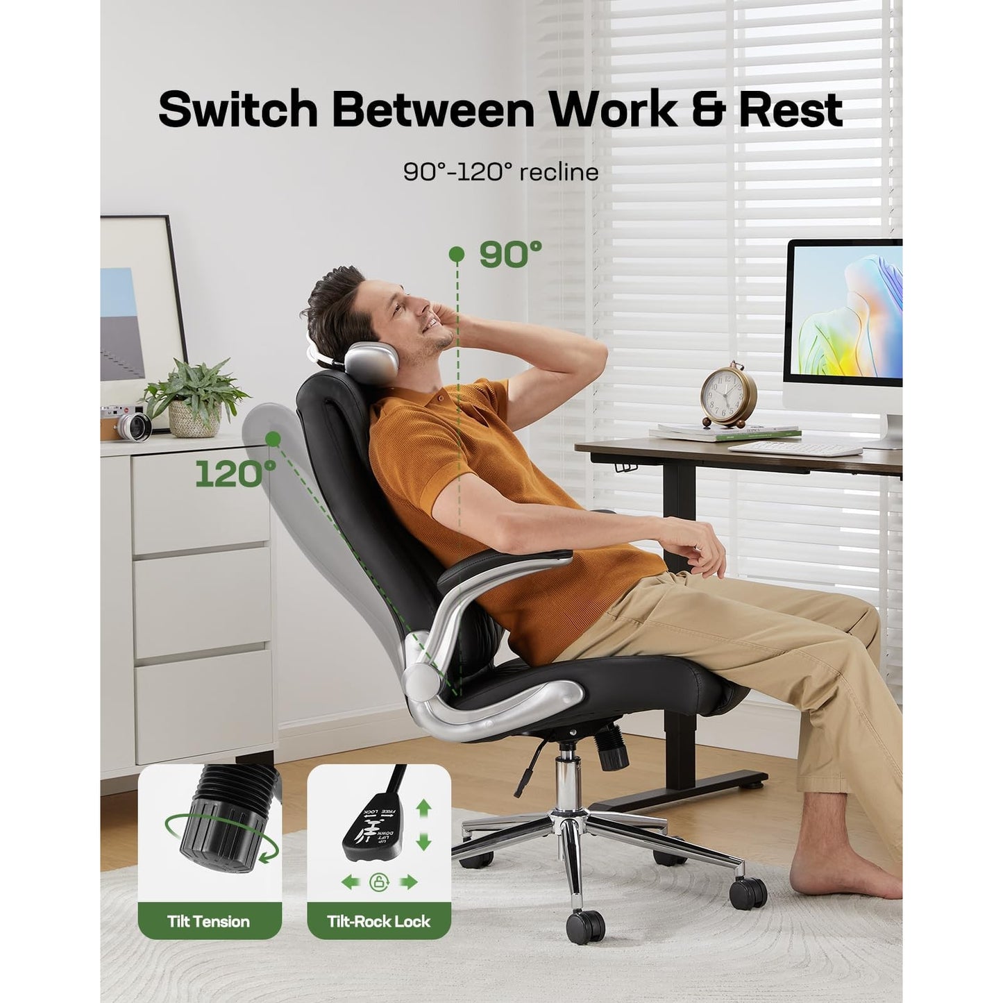 Marsail Ergonomic PU-Leather Office Chair: 5 Settings Lumbar Support, Executive Office Chair Height Adjustable with Padded Flip-up Arms, Executive Desk Chair for Working Study-Black - Medaid International
