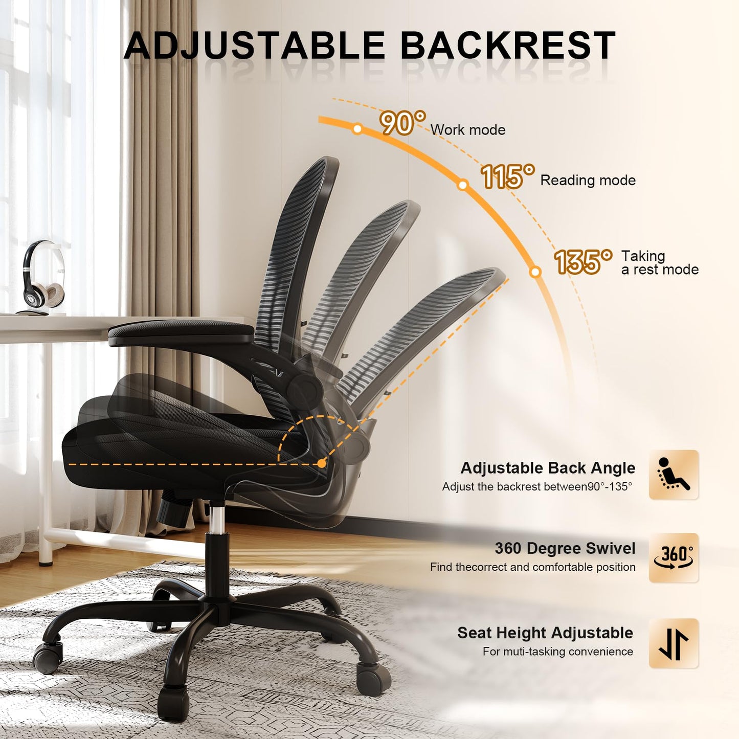 Office Chair, Ergonomic Desk Chairs 330LBS Capacity High Back Mesh Computer Chair with Flip-up Armrests, Comfy Work Chair with Adjustable Lumbar Support, Rolling Chair - Medaid International