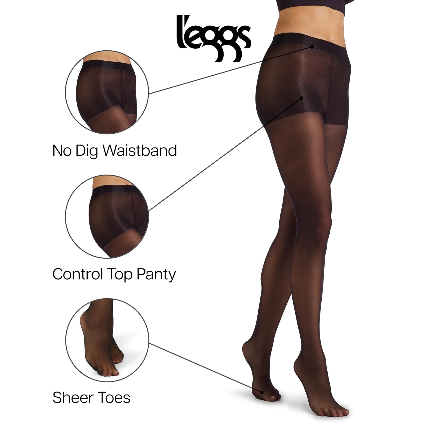 L'eggs Casual Women's Seasonless Tights for Year Round Wear, Same to Waist, Sheer Toe, Black, Size Large (Pack of 1) - Medaid International