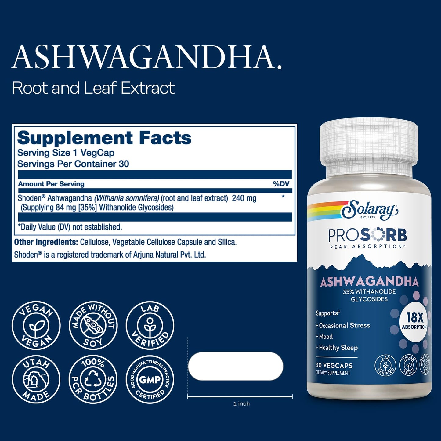 SOLARAY Ashwagandha Capsules 18X Absorption - Ashwagandha Root and Leaf Extract 240 mg - Occasional Stress Relief and Mood Support Supplement - Vegan, 60-Day Guarantee - 30 Servings, 30 VegCaps - Medaid International