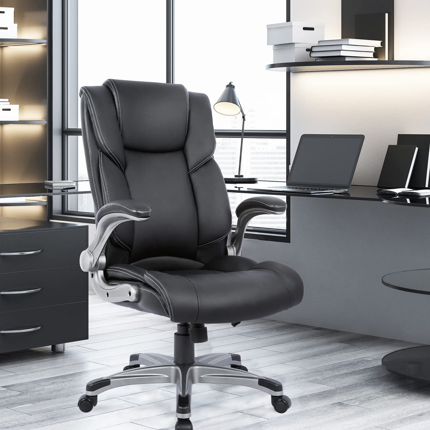 COLAMY High Back Executive Office Chair- Ergonomic Home Computer Desk Leather Chair with Padded Flip-up Arms, Adjustable Tilt Lock, Swivel Rolling Chair for Adult Working Study-Black - Medaid International