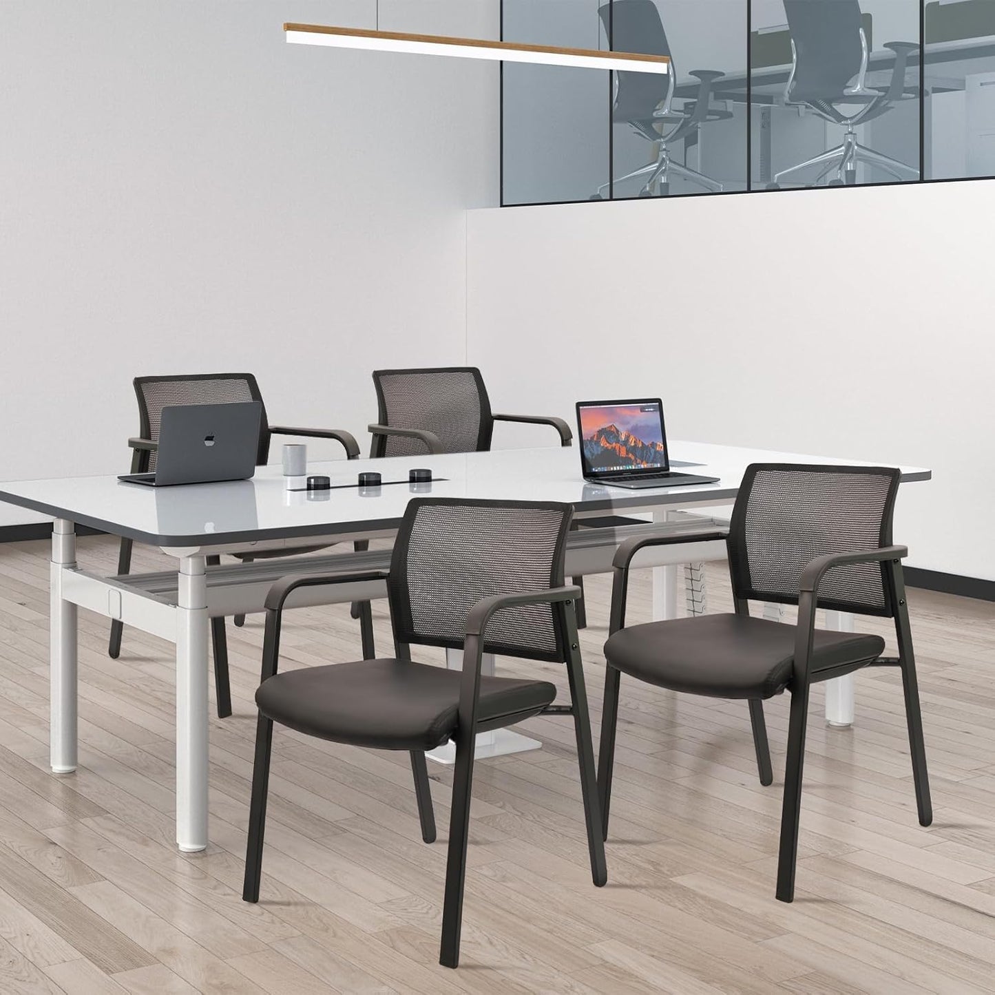 CLATINA Stackable Office Chair, Mesh Back Guest Chairs with Comfortable Leather Seat Arms Stacking Ergonomic Desk Chair No Wheels for Conference Waiting Reception School Stationary, Black, Set of 8 - Medaid International