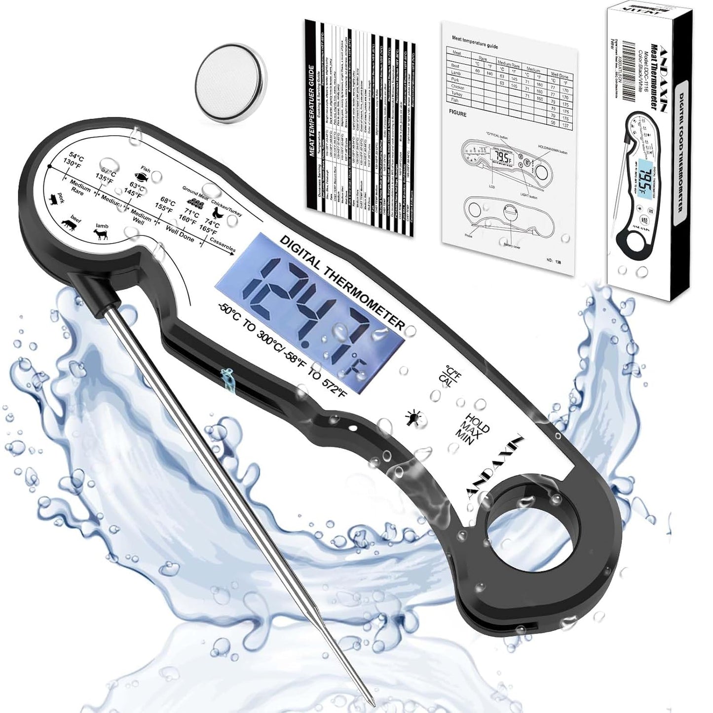 Meat Thermometer Digital for Grilling and Cooking - ANDAXIN Waterproof Ultra-Fast Instant Read Food thermometers with Backlight & Calibration for Kitchen, Deep Fry, BBQ, Grill(Red/Black), LCD - Medaid International