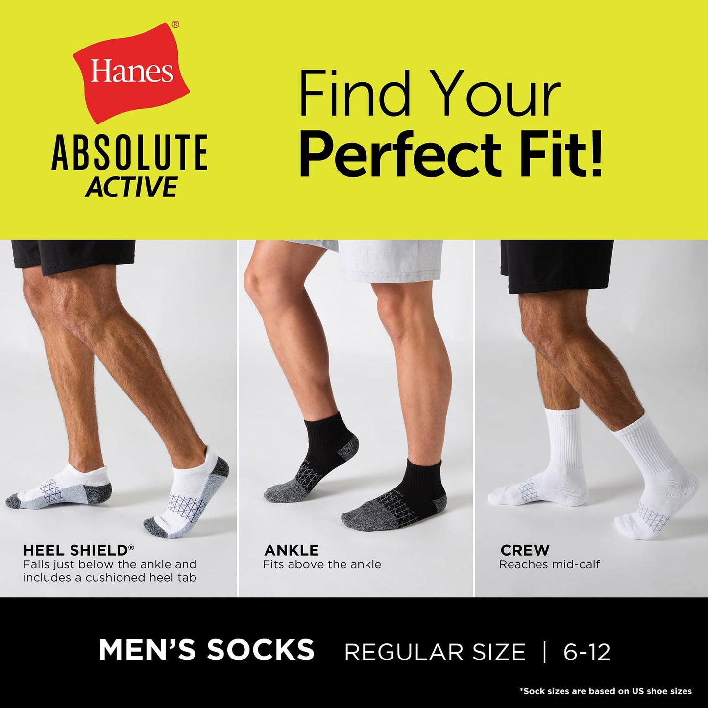 Hanes Men's Absolute Active Cushioned Crew, Moisture Wicking Socks, Seamless Toe, 4-Pack, White, 6-12 - Medaid International