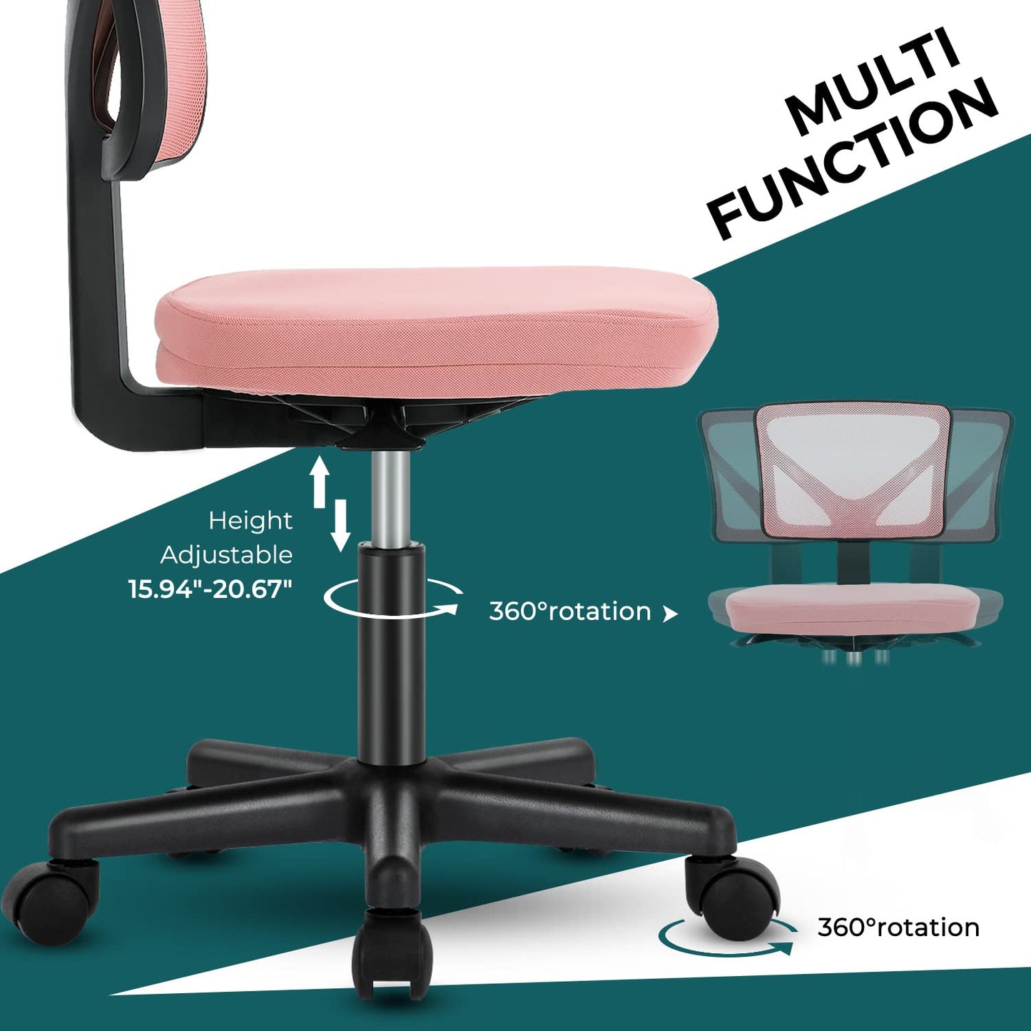 DUMOS Armless Desk Chairs with Wheels, Ergonomic Adjustable Home Office Swivel Rolling Task Chair No Arms, Comfy Mesh Mid Back Computer Work Vanity Desk Seat for Small Spaces, Light Pink - Medaid International