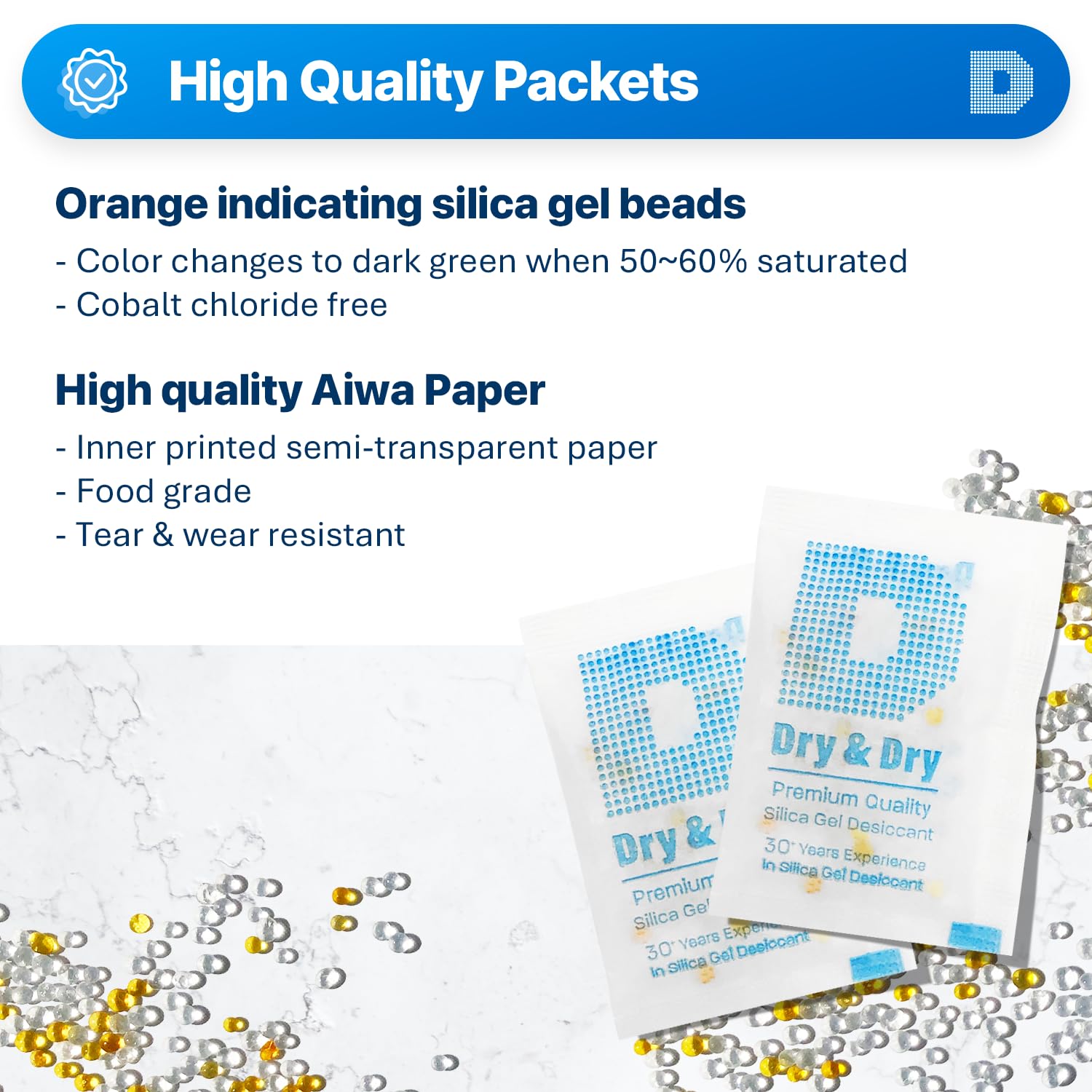 Dry & Dry Premium Orange Indicating Silica Gel Packets Desiccants - Food Safe Silica Gel Packets - White - 60 Packets (5 Gram) - Medaid International