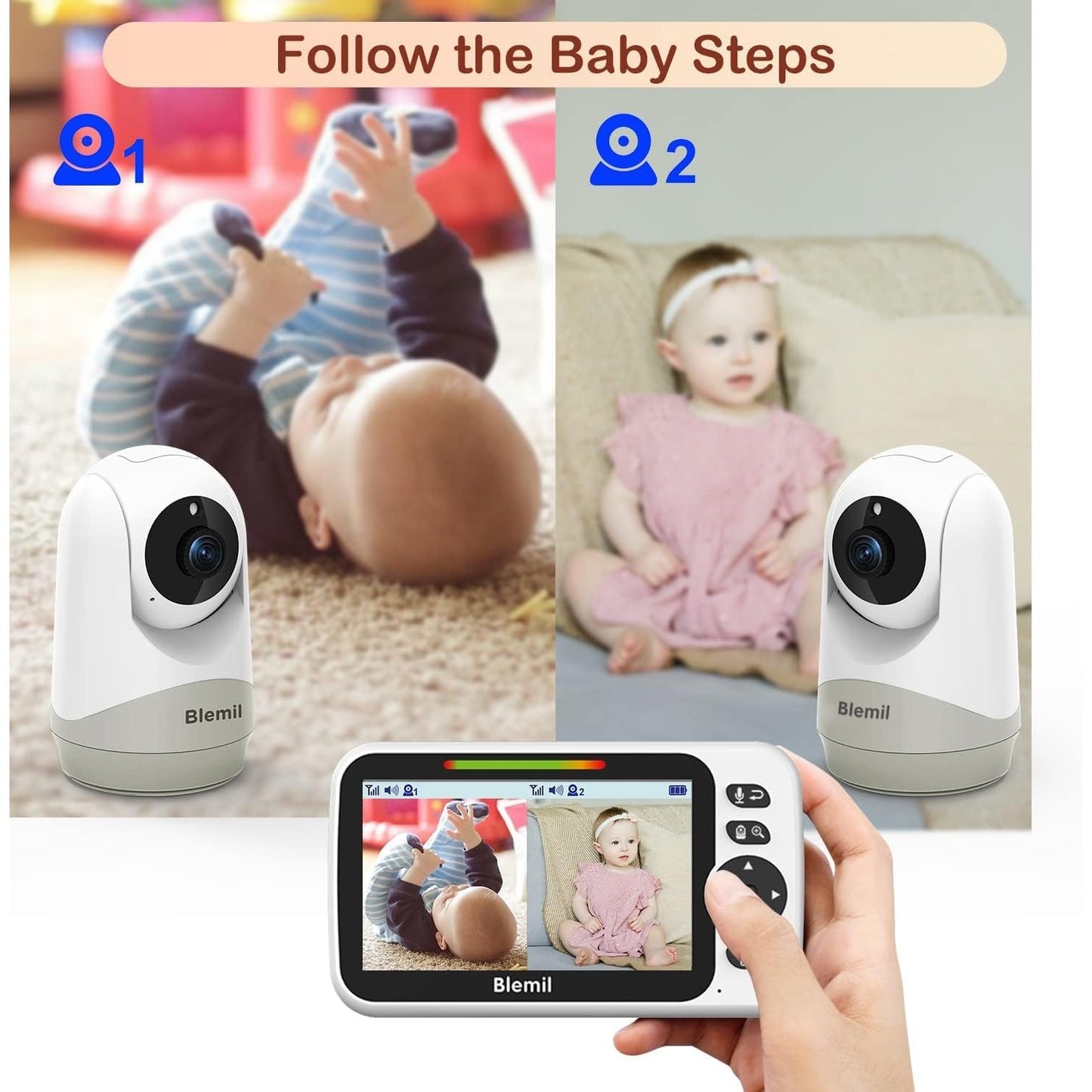 Blemil Upgrade Baby Monitor with 30-Hour Battery, 5" Large Split-Screen Video Baby Monitor with 2 Cameras and Audio, Remote Pan/Tilt/Zoom, Two-Way Talk, Room Temperature, Auto Night Vision - Medaid International