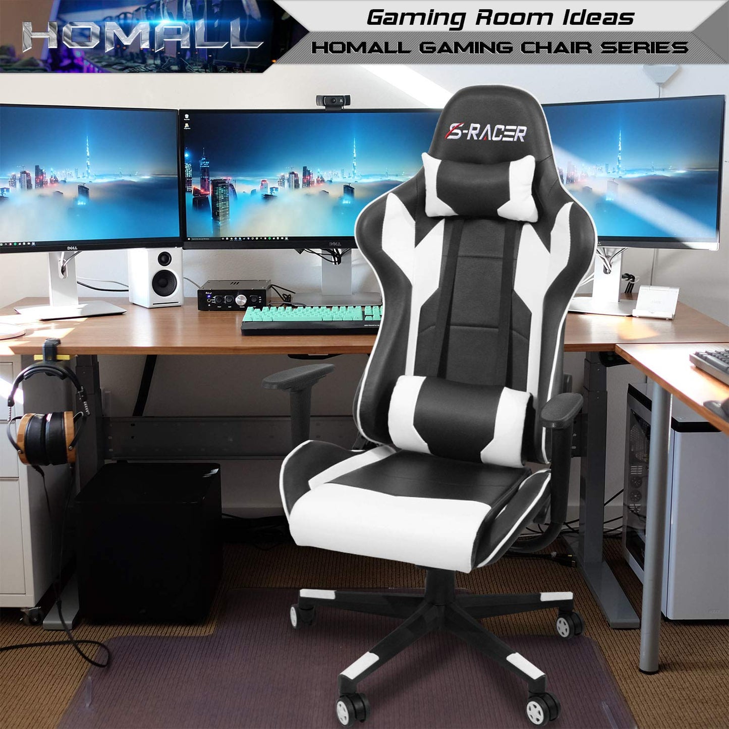 Homall Gaming Chair, Office Chair High Back Computer Chair Leather Desk Chair Racing Executive Ergonomic Adjustable Swivel Task Chair with Headrest and Lumbar Support (White) - Medaid International