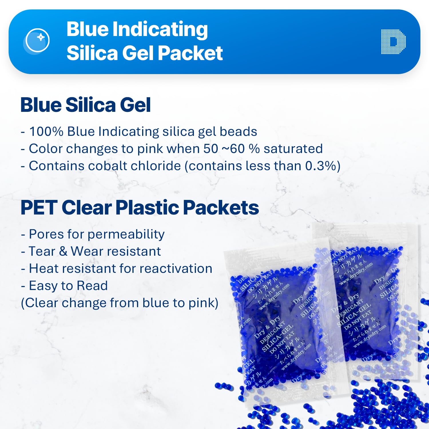Dry & Dry Blue Indicating(Blue to Pink) Silica Gel Packets Desiccants - Rechargeable Silica Packets, Silica Gel Packs - Blue,Clear,Pink - 50 Packets (10 Gram) - Medaid International
